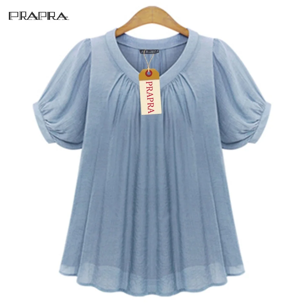 

Women Summer Chiffon Blouse Shirt Loose Short Sleeve V Neck Pleated XL-5XL Plus Size Casual Top
