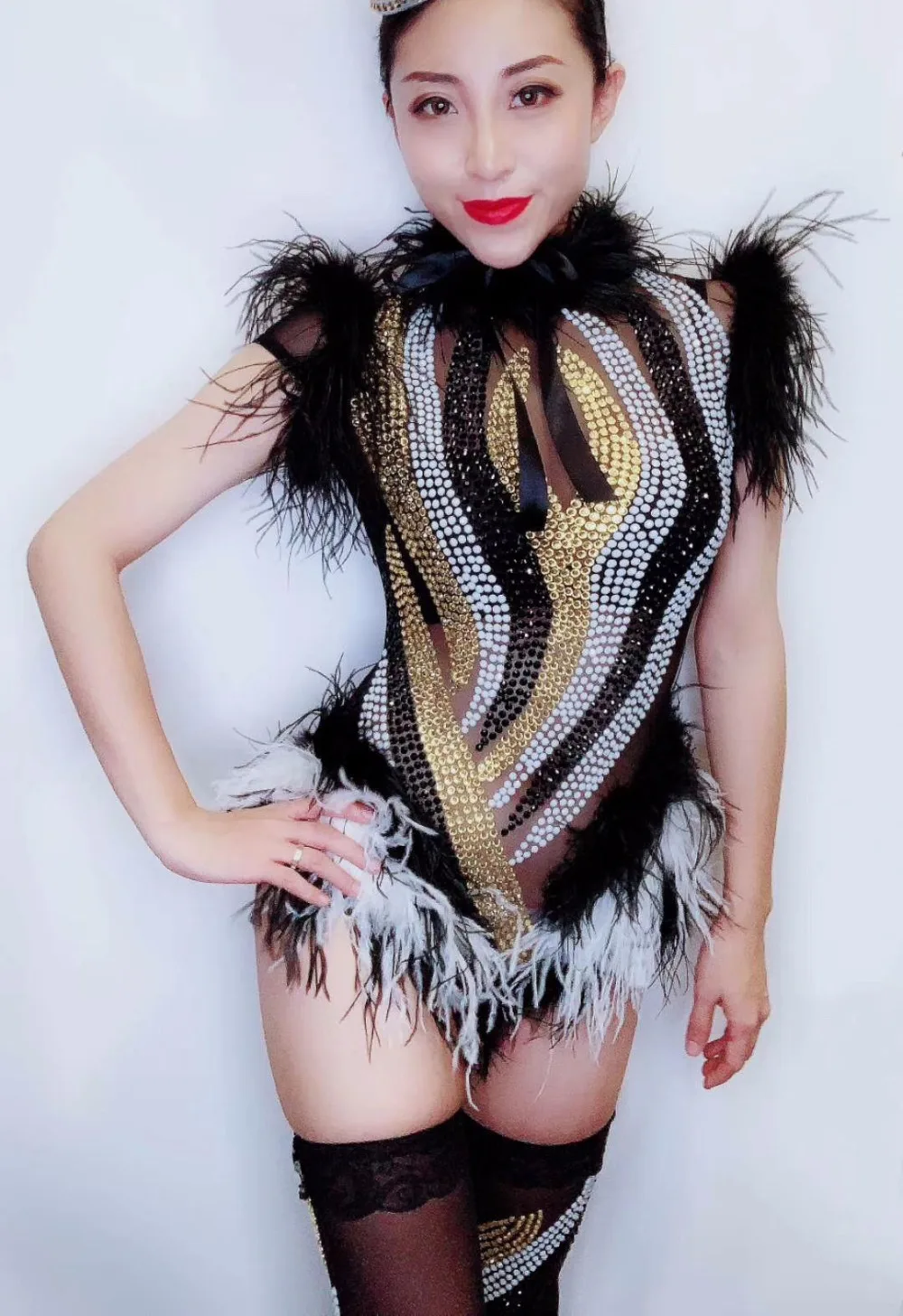 Women New Sexy Glisten Rhinestones Transparent Mesh Bodysuit Leggings Black White Feather Outfit Performance Outfit Party Wear