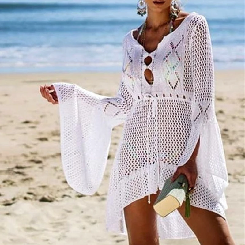 Женское трикотажное платье туника moda praia белое открытое пляжное лето 2019|Пляжная