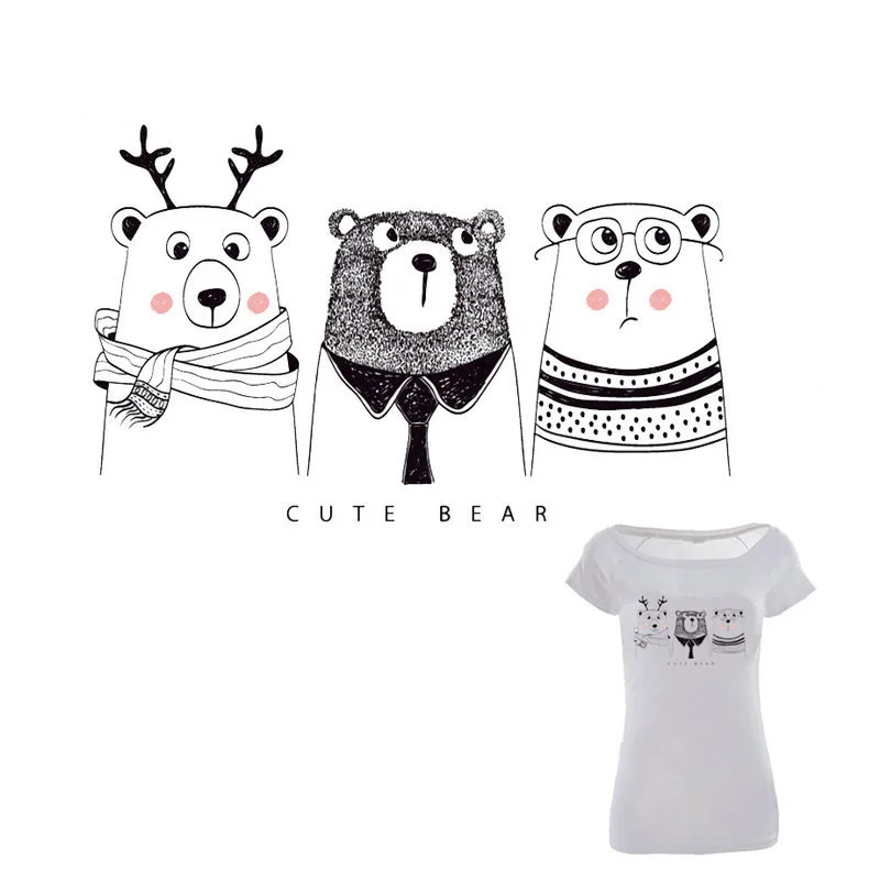 Милые наклейки для детской одежды с изображением черного медведя и кошечки
