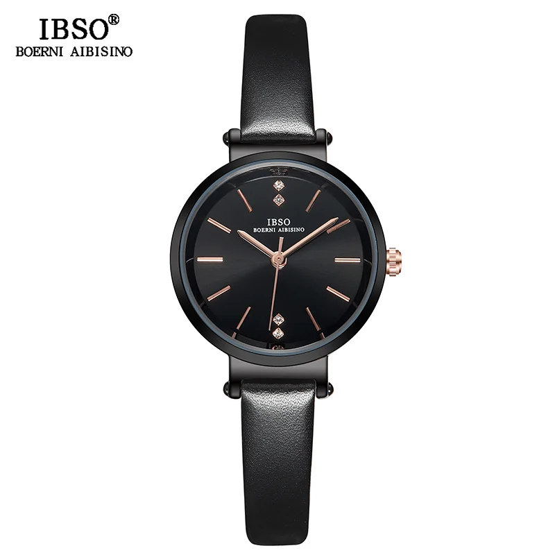 IBSO, женские кожаные часы, Дамская мода, наручные часы, Reloj Mujer,, Топ бренд, роскошные часы с кристаллами, подарки для женщин#8688 - Цвет: Черный