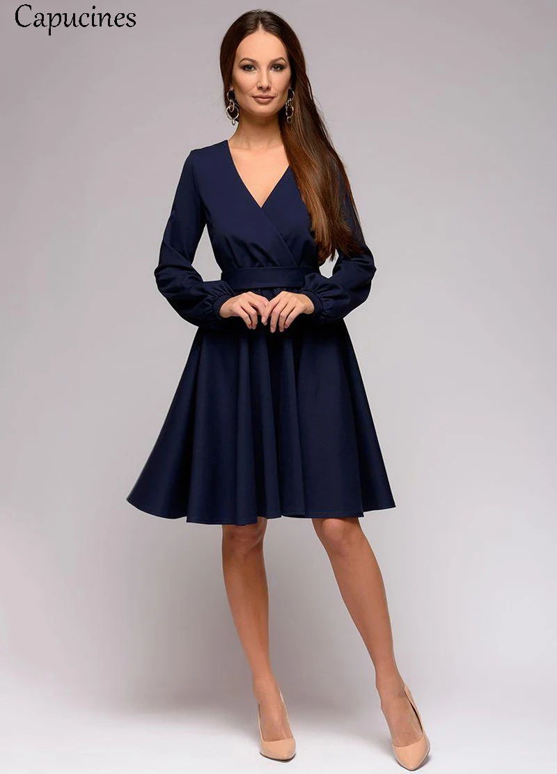 Capucines сексуальный женское Платье с открытой спинойn Весна осень Длинный рукав О-образный вырез Пояса Повседневная одежда элегантный Сплошной цвет А-силуэт Вечеринка Мини платья