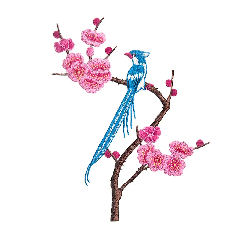 Одежда с цветком сливы и птицами Нашивки вышивкой Кружевные вставки мотивы