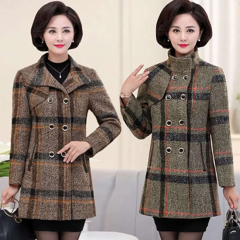 

YTNMYOP Autumn Woolen Coat For Women Stand Collar Mother Overcoat Blends Outerwear Winter Plaid Wool Coat Plus Size 4XL