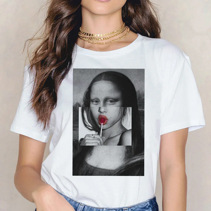 Женская футболка Mona Lisa белая Винтажная в стиле Харадзюку с эстетическим дизайном