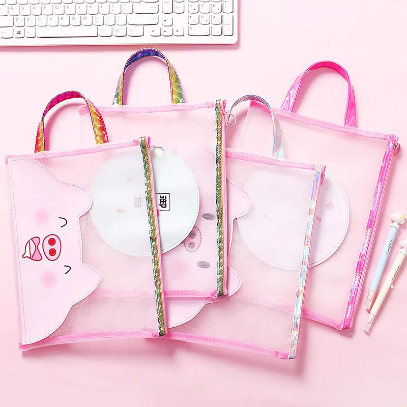 

1pcs Cute Pink Transparent A4 Mesh Filing Products Office Student Nylon Pencil Case Kalem Kutusu School Supplies Pen Box