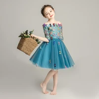 Baby little girl birthday dress fairy princess ball gowns show stage piano costume blue evening wedding one shoulder lovely kids