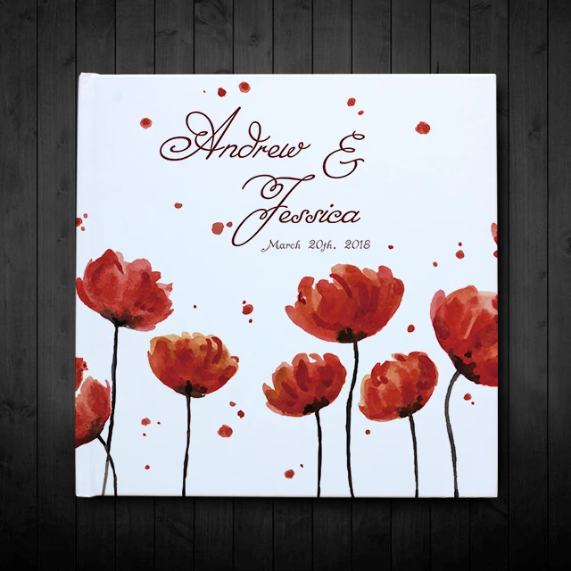 

Personalized White Wedding Guest Book,Red Floral Wedding Guestbook Photo Album,Customized Name Wedding Date For Groom & Bride