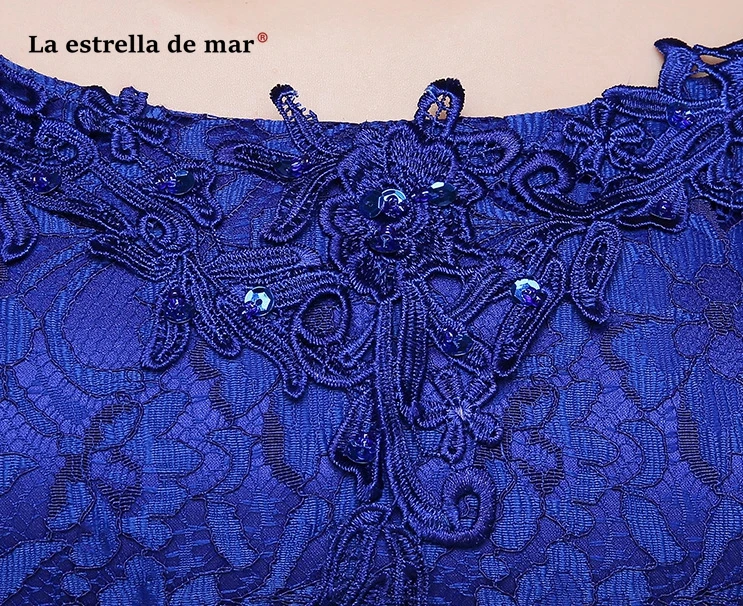 Ла звезда mar robe demoiselle d'honneur2019 кружевной вырез лодочкой короткий рукав трапециевидной формы королевский синий короткое платье подружки невесты Дешевые