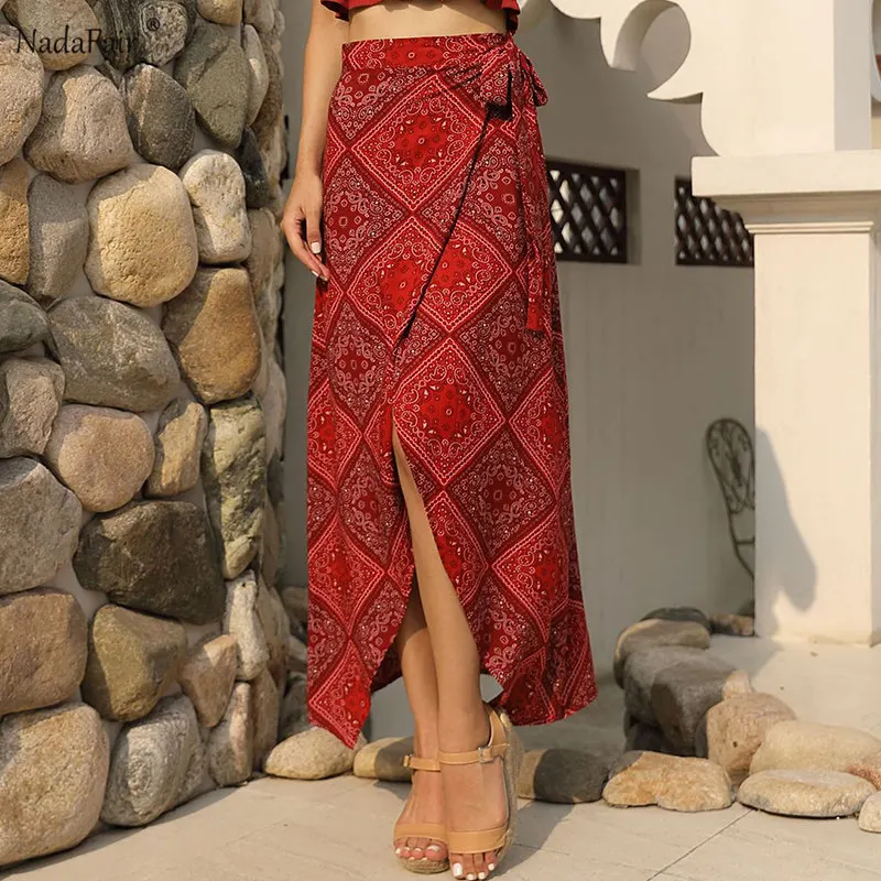 FSDA богемная Женская длинная юбка с разрезом сбоку и принтом на шнуровке бантом