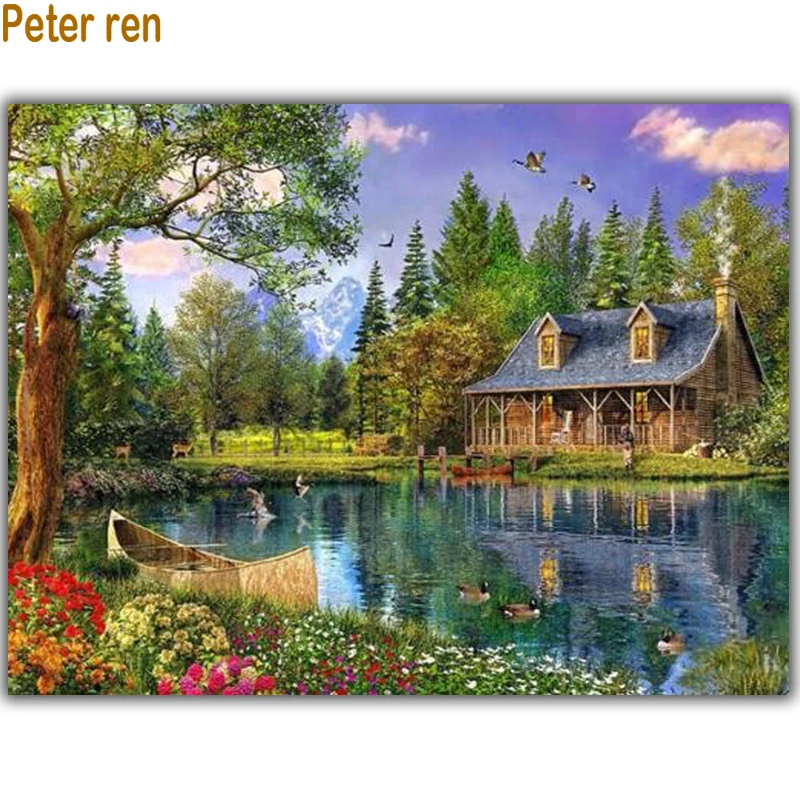 

Peter ren diamond painting cross stitch diamond embroidery landscape 3d Square crystal diamond mosaic full embroidery Boat house