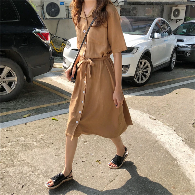 Hzirip Корея Винтаж до колена платья Для женщин короткий рукав пояса одноцветное