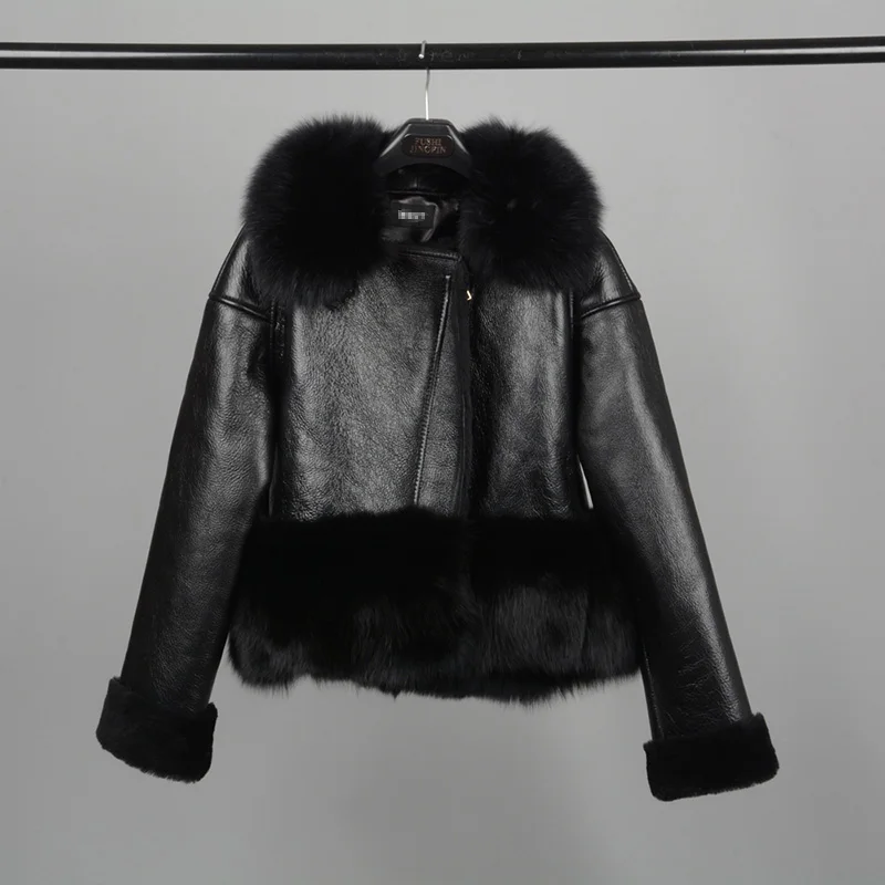 Black Jancoco Max Новое поступление Женская куртка из натуральной овечьей кожи пальто с воротником из лисьего меха Подкладка из натурального меха модное пальто S7165 - Цвет: Black
