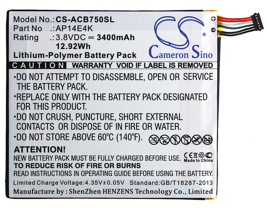 Аккумулятор Cameron Sino 3400mAh AP14E4K (1ICP4/86/94) KT00104001 для Acer Iconia One 7 B1 750|3400mah battery|cameron sinocameron sino