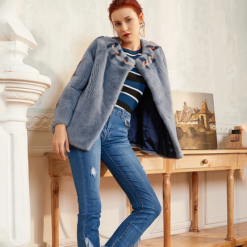 Ftangaiur Winter Women Import Velvet Mink Fur Coat O-Neck Thicken Jacket Slim Full Sleeve Short Real Coats | Женская одежда