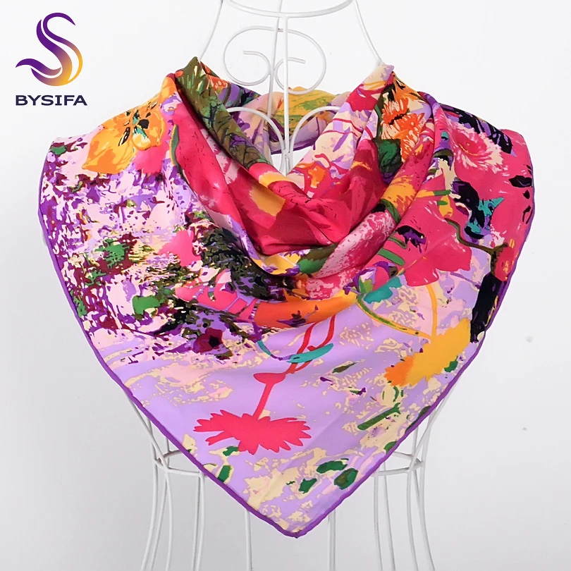 

[BYSIFA] Ladies Twill Square Scarves Wraps Fashion Accessories Brand Women Purple Floral Pattern Mulsim Headscarves Silk Scarf