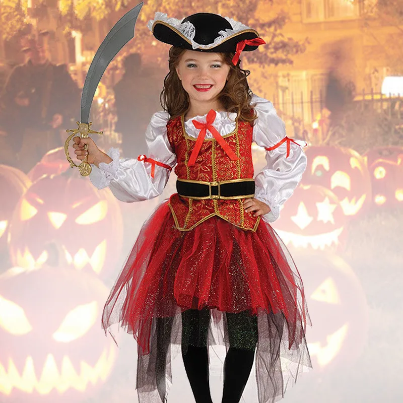 

Kid's Caribbean Pirate Captain Cosplay Costumes Rayon Silk Red Top Skirt Hat Belt 4 Pcs Set Halloween Cosplay Costumes