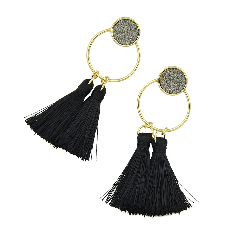 Boho себе Серьги Этнические украшения золото Цвет черный с кисточкой круг Форма