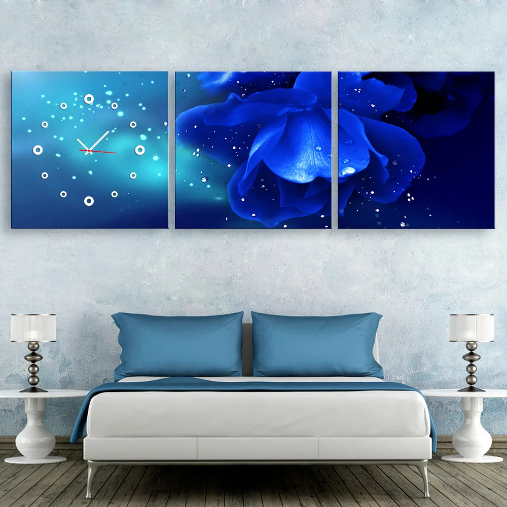 Бесплатная доставка настенные часы из 3 предметов с синими цветами в виде холста