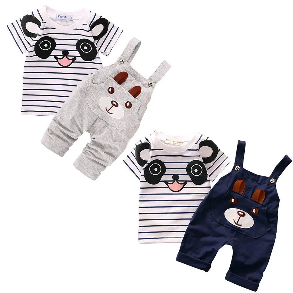 Children Clothing baby girl boys clothes Set Little Bear Stripe Short-Sleeve T Shirt +Straps Pants Kids Sport Suit | Детская одежда и