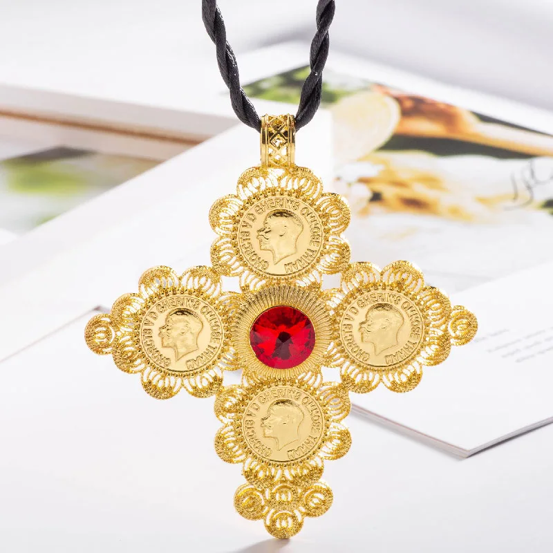 Shamty Big Size Ethiopian Cross Coins Pendant Rope Chain Women Necklace Gold Color Fashion Jewelry African Wedding Gift D30066 | Украшения