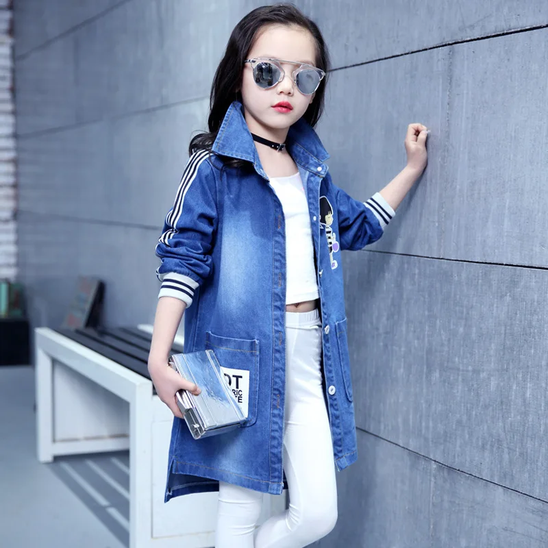 Spring Clothing Jeans Coat for Girls Denim Jackets Cartoon Children Outerwear Kid Active Autumn Clothes Teenager Long Trench Top | Детская