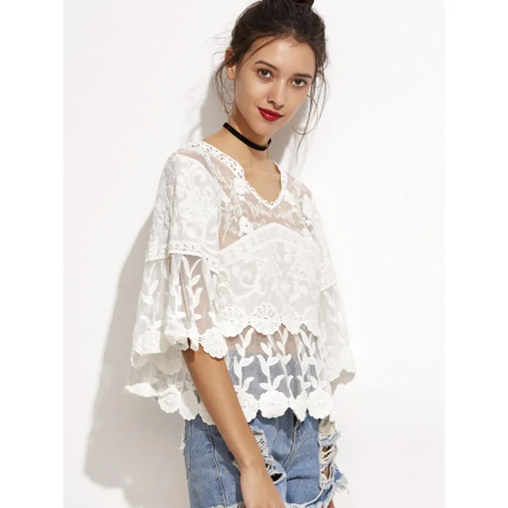 Для женщин Ретро кружево Белый Летняя Пляжная блузка сладкий свободные v