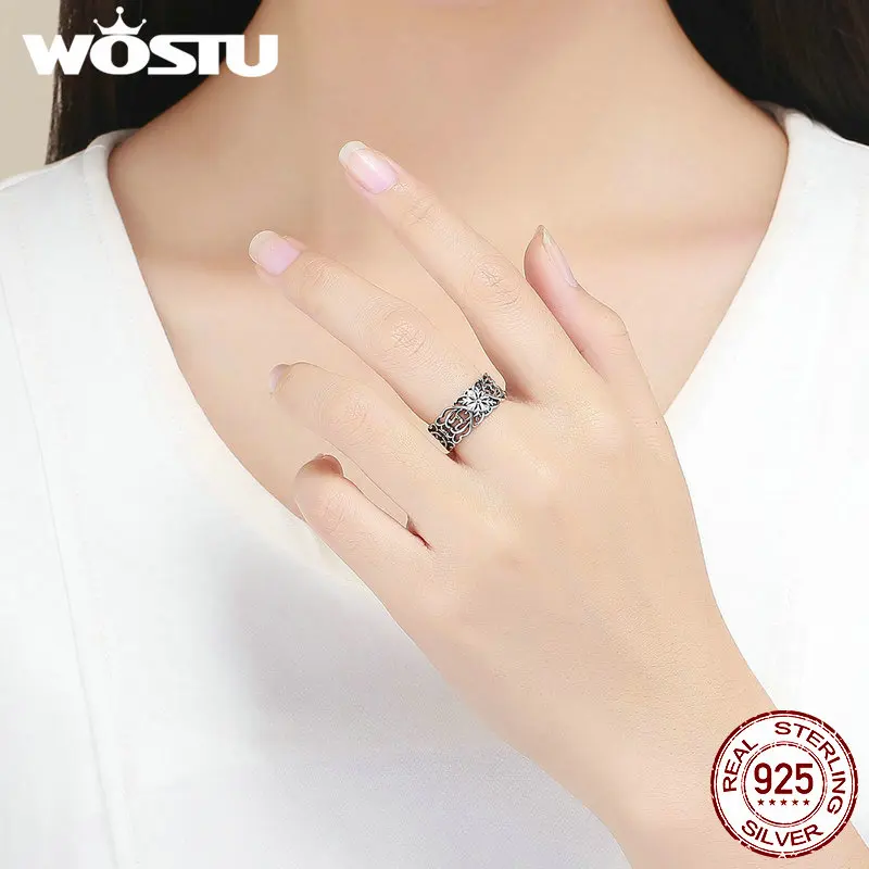 WOSTU, Ретро стиль, 925 пробы, серебряное цветочное кольцо на палец, регулируемый размер, кольца для женщин, Серебряное свадебное ювелирное изделие, подарок FIR500