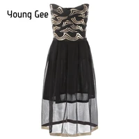 younggee women bandage gold print dress sexy wrapped chest backless bodycon stretchy femme vestidos club party dresses mujer