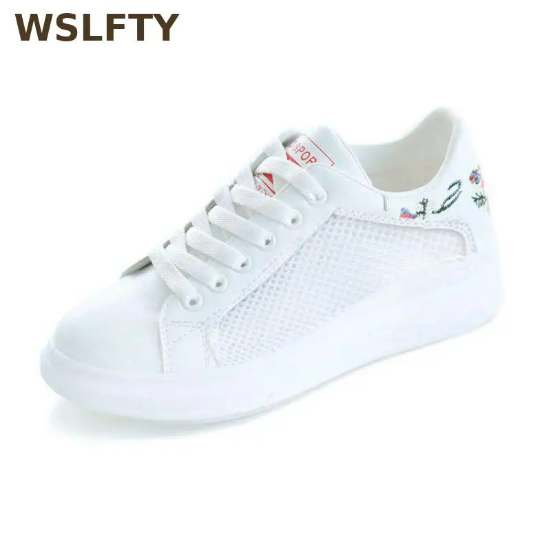 Fashion Korean Summer Lace-up Casual Women Shoes Embroidered Breathable Mesh Platform White Women Sneakers Tenis Feminino
