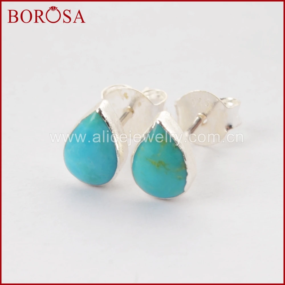 BOROSA Elegant Pure Silver Natural Tur-quoise Stud Earrings Druzy Jewelry Gems Fashion for Women Girls SS177 |