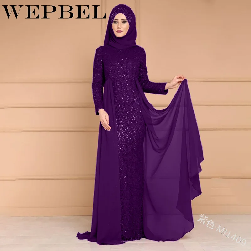 WEPBEL Новое мусульманское женское элегантное платье тонкое кружевное расшитое блестками длинный рукав Летняя Мода Арабский исламский дамские платья(без хиджаба