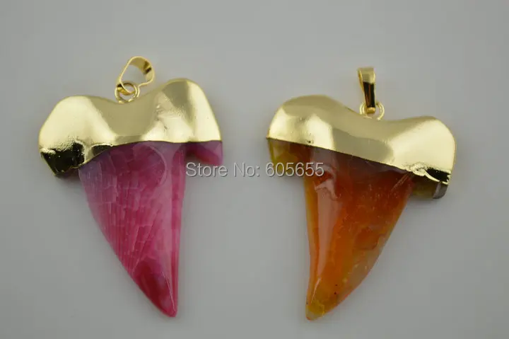 Позолоченные Зубы Акулы Формы Шкентель Розовый и Желтый Камень Подвески Мода