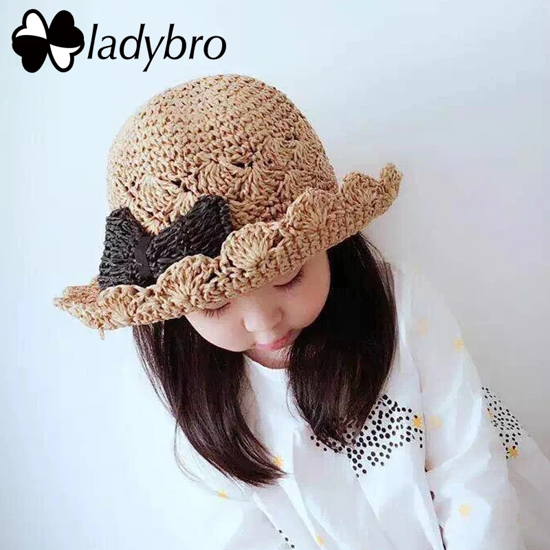 Детская соломенная шляпа Ladybro летняя пляжная от солнца с бантом кепка ручной