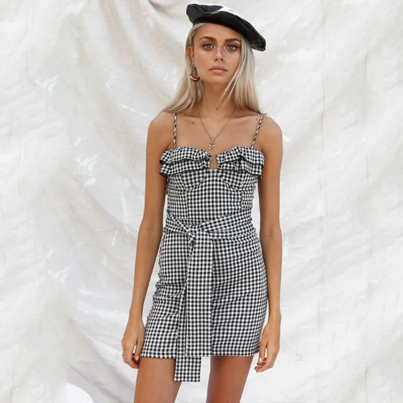 Plaid Spghetti Strap Sexy Women Dress Vestdiso Sleeveless Bow Belt Bodycon Beach Casual Party Dresses 2019 Summer | Женская одежда