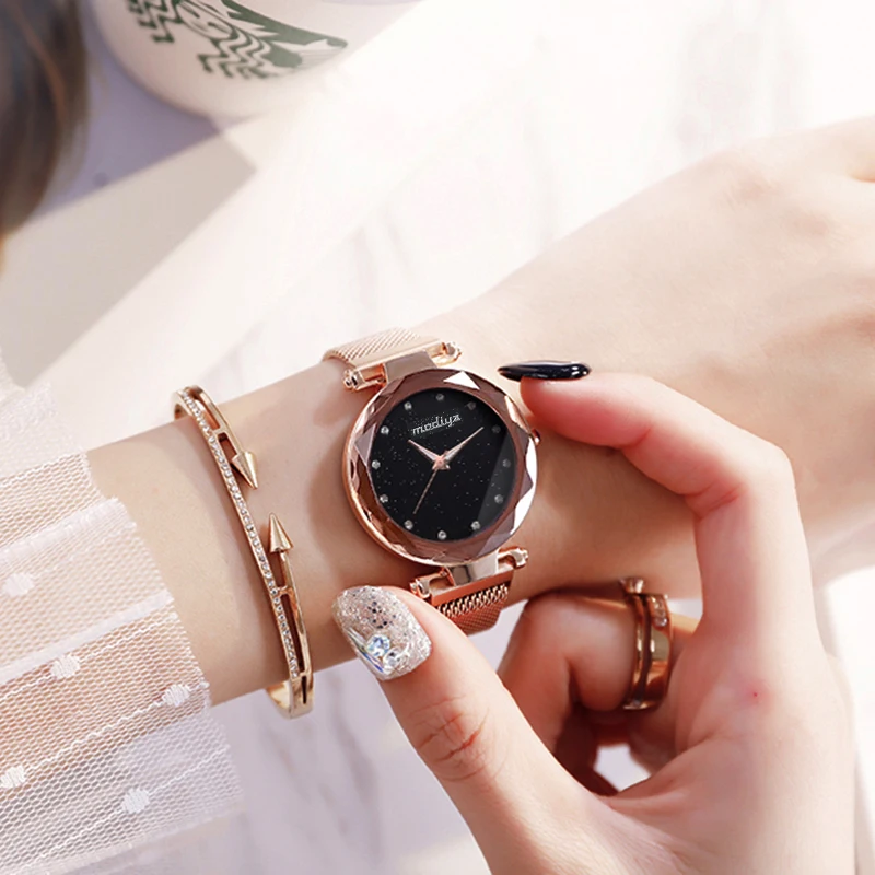 

Luxury Diamond Rose Gold Women Watches Fashion Ladies Starry Sky Magnetic Watch Casual Mesh Steel Rhinestone Female Wristwatch
