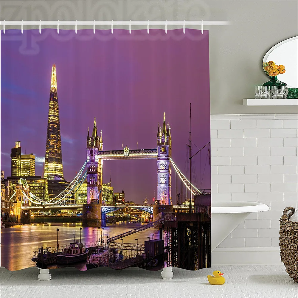 London Shower Curtain Tower Bridge in at Night Historical Cultur Monument Europe British Urban Bathroom Decor Set with Ho | Дом и сад