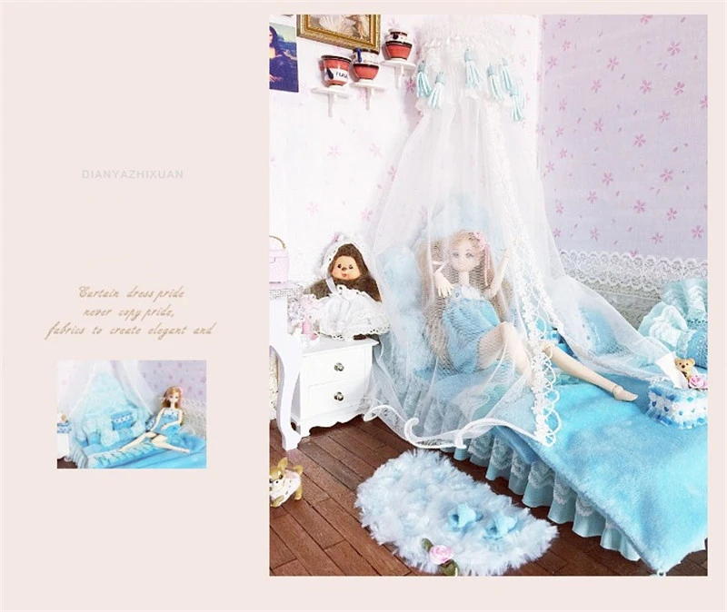 1:6 мебель для кукол кукольный домик миниатюрная кукольная кровать kawaii имитация мягкая Роскошная синяя кровать ролевые игры игрушки для девочек Подарки