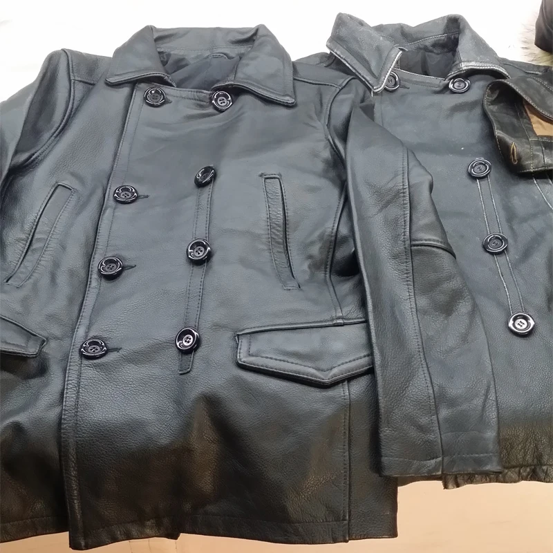 

MAPLESTEED Brand Double Breasted Leather Coat Men Turn Down Collar Vintage Black Slim Men's Long Coat Winter Leather Trench M137