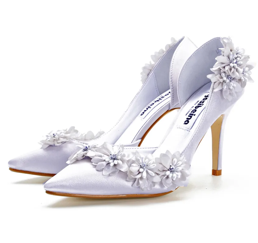 

High Heels Floral Wedding Shoes for Bride Pointed Toe Slip on Heeled Silk Satin Wedding Bridal Dress Pumps