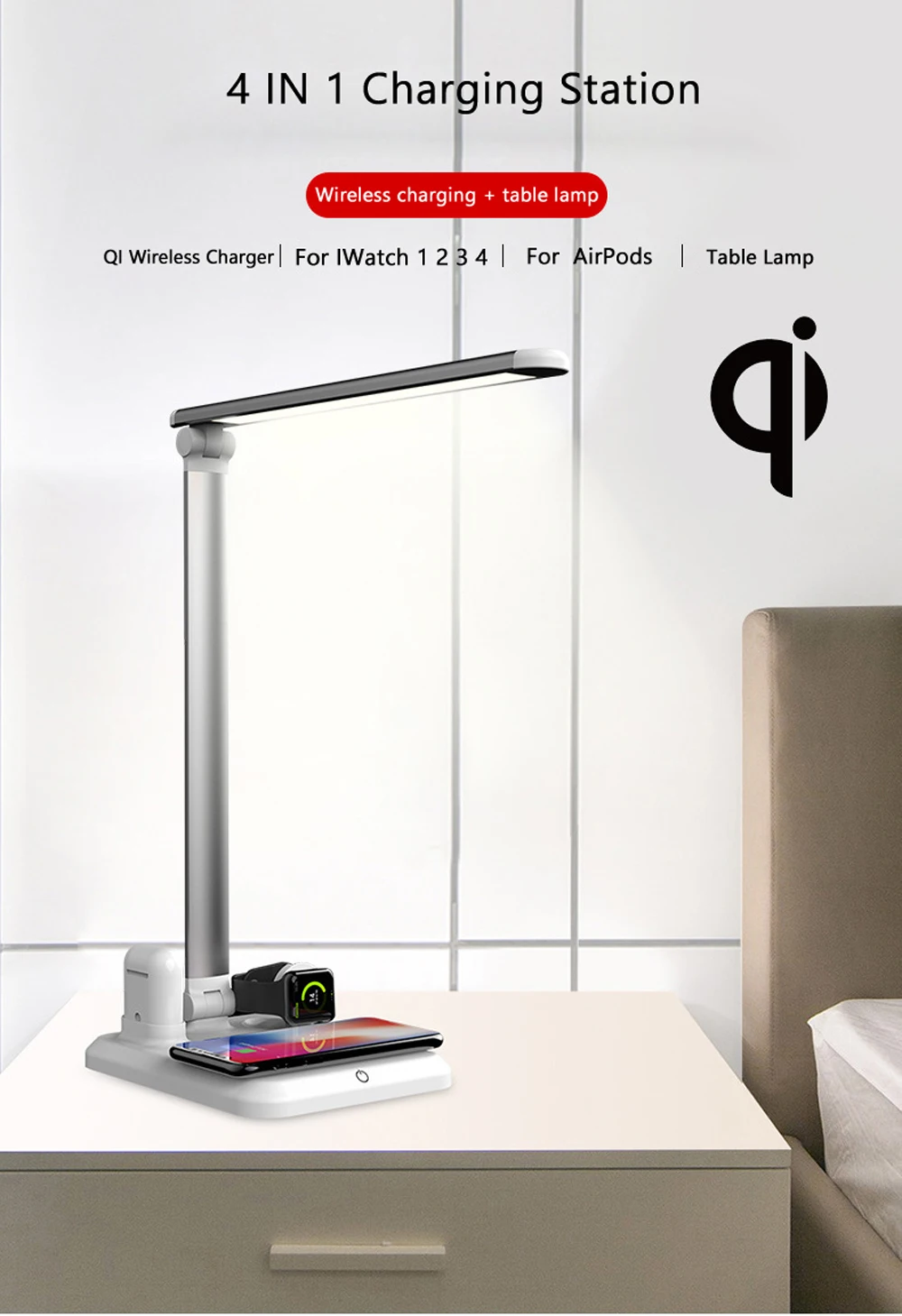 4 IN 1 Table Lamp USB Charging Station Fast QI Wireless Charger Dock for Apple Watch 2 3 4 Airpods IPhone 8 Plus X XR XS 11 Max