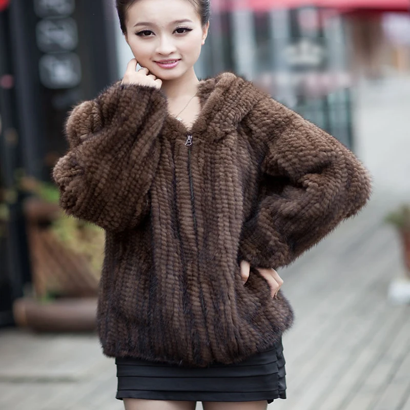 Женская вязаная куртка из натурального меха норки пальто с капюшоном для осени и
