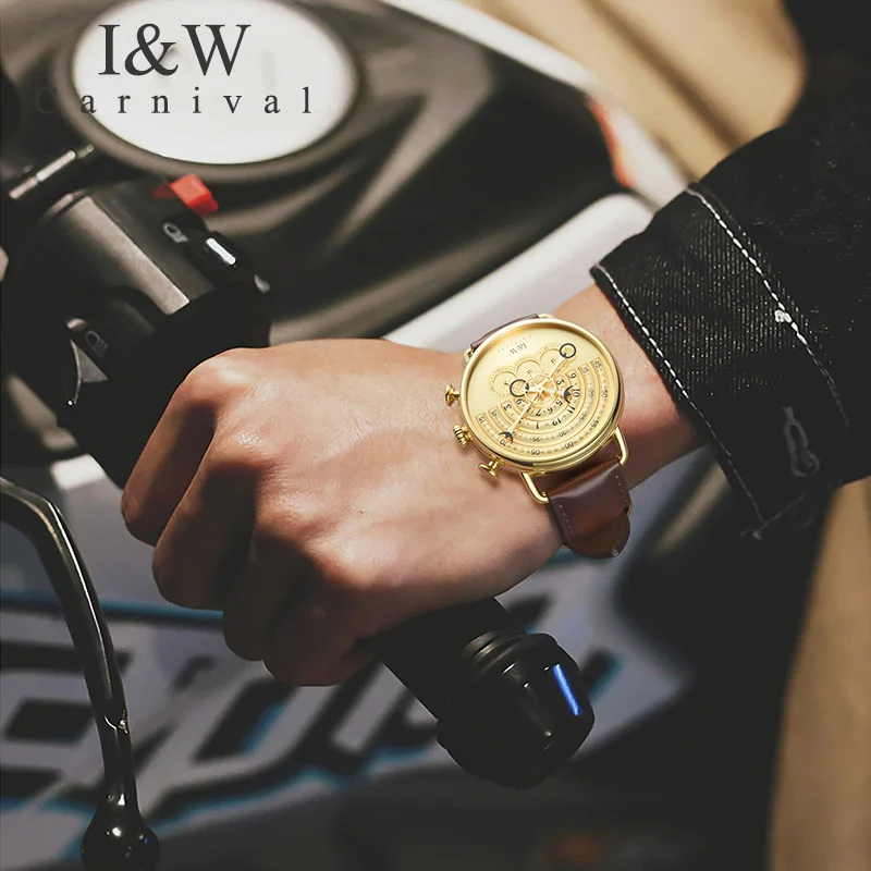 

CARNIVAL I&W Gold Steampunk Gold Dial Quartz Men Watch TopBrand Luxury Sapphire Mirror Sport Cow Leather Waterproof Montre