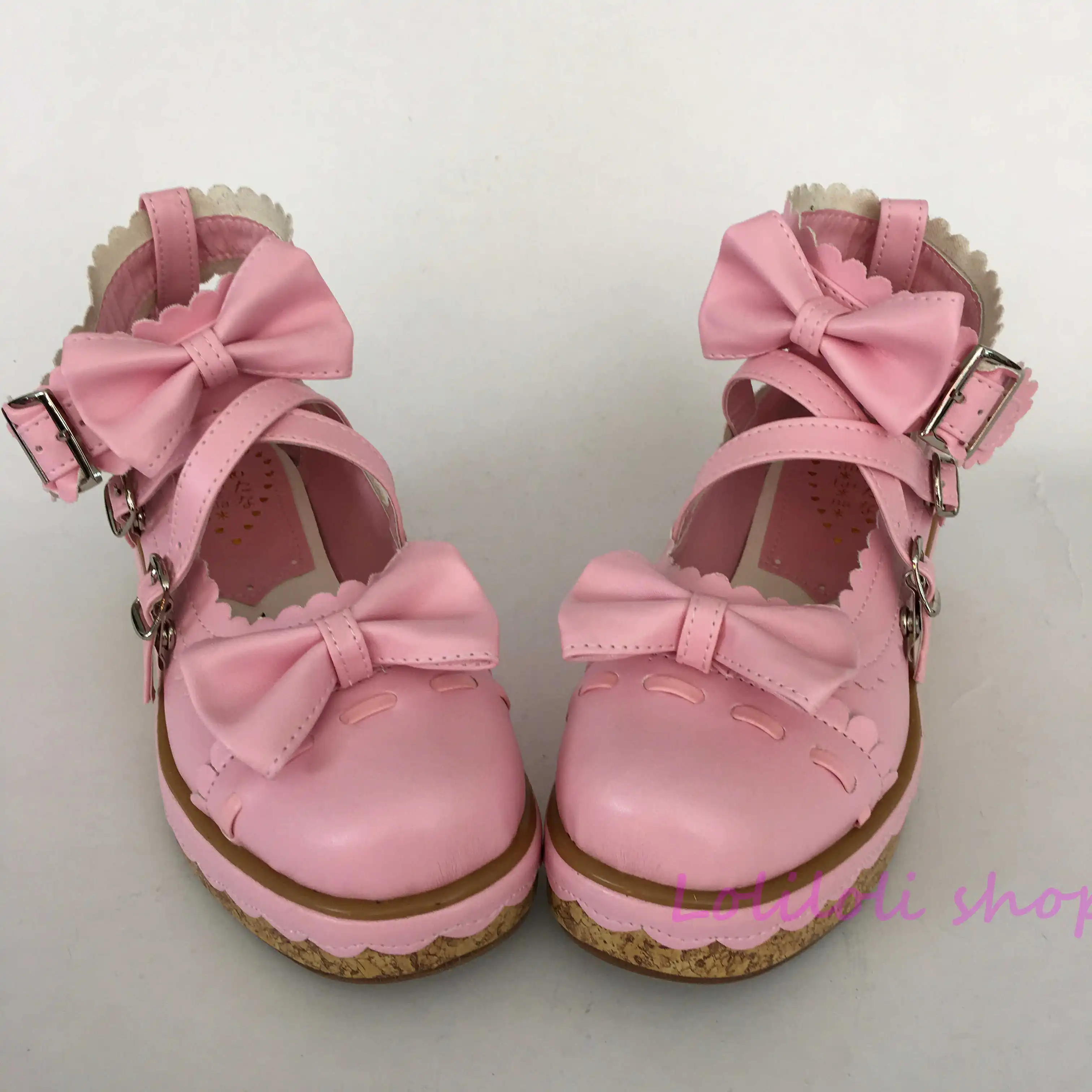 Princess sweet pink lolita shoes Bow buckle Shoe of sponge cake Customer customized large size By hand made lace an2002-8 Обувь