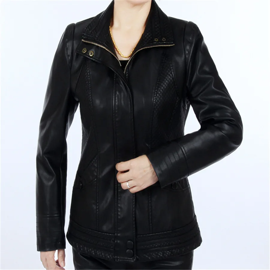 Spring Autumn Leather Jacket For Middle-aged Women Soft PU Faux Leather Coat