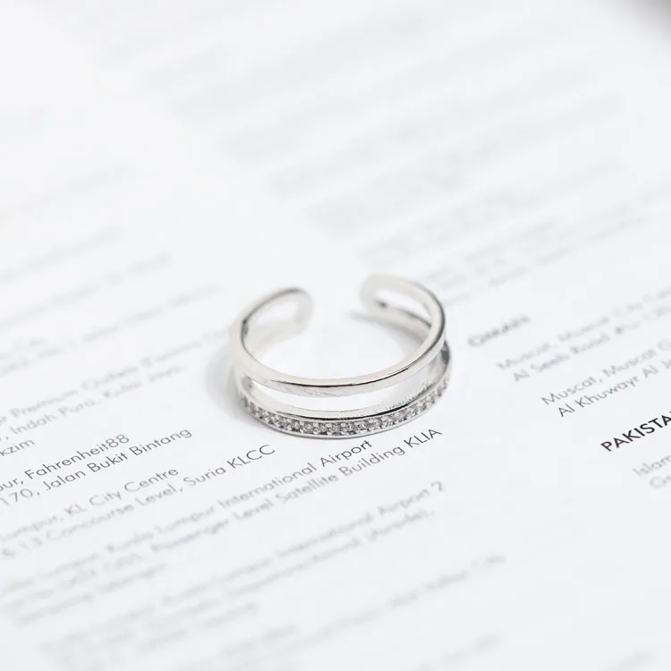 simple two line cz ring fadeless alloy fashion jewelry Adjustable rings for women gift free size | Украшения и аксессуары
