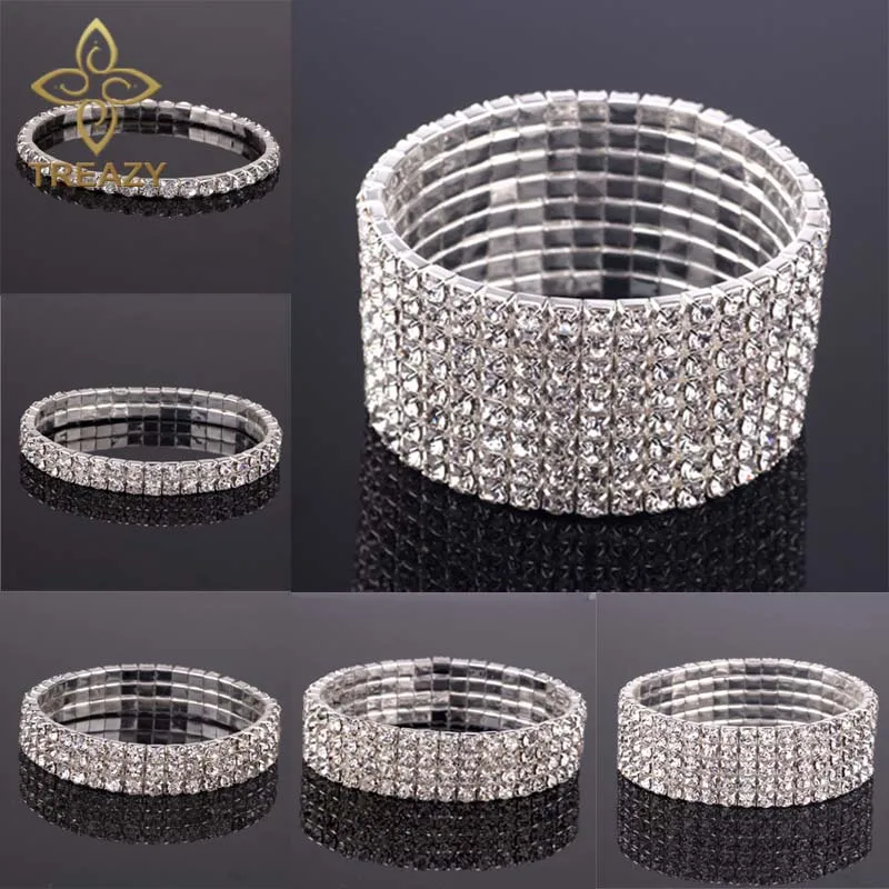 

TREAZY 1-8 Rows Rhinestone Crystal Bracelet Bangle Elastic Bling Wristband Wedding Bridal Bridesmaid Bracelet Jewelry Gifts