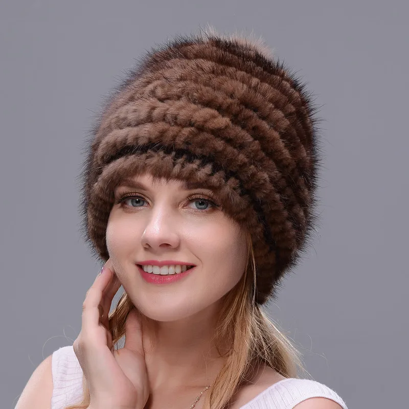 Зимние Лидер продаж реального норки Мех шапка для Для женщин вязаной ушками - Фото №1
