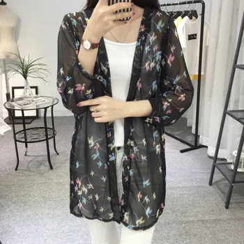 Women Chiffon Kimono Cardigan Floral Printed Long Sleeve Blouse Summer Beach Cover Up Long Tops Boho Loose Ladies Shirts 1