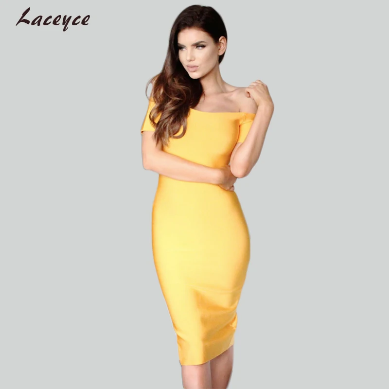 2018 New Summer Bandage Dress Sexy Off The Shoulder Yellow Short Sleeve Zipper Front Both Side wear Bodycon Party Dresses | Женская